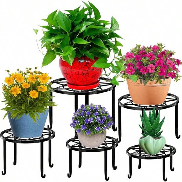 5 Pack Metal Plant Stands,Heavy Duty Potted Holder For Flower Pot,Indoor And Outdoor Metal Rustproof Iron Garden Container Round Support Stand For Outdoor Indoor Plants