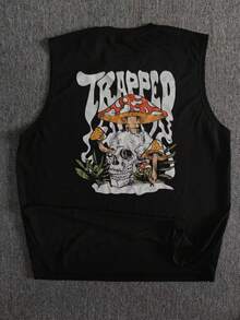 Plus Size Men's Sleeveless T-Shirt With Mushroom House Element Design, Summer - Black - View 2
