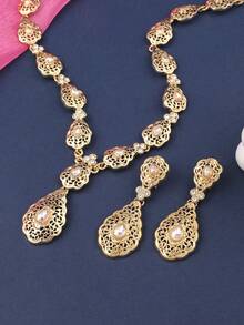 1 Set Luxury Palace Style Crystal Water Drop Pendant Necklace With Hollow Chain & Earrings 3pcs Jewelry Set, Romantic Middle East Arabian Saudi French Ladies Accessories - Necklace + Earrings - View 12