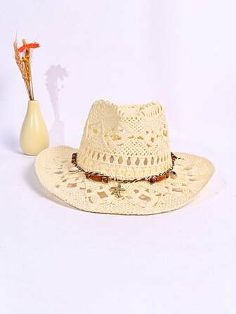 1 pieza Sombrero de paja de Panamá con cuentas de unicolor estilo bohemio, sombrero decorativo de protección UV casual para todo uso, perfecto para actividades al aire libre en todas las estaciones