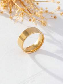 1pc 18K Gold Plated Stainless Steel 8mm Plain Ring, Fashion Unisex Versatile Design - Gold - View 1
