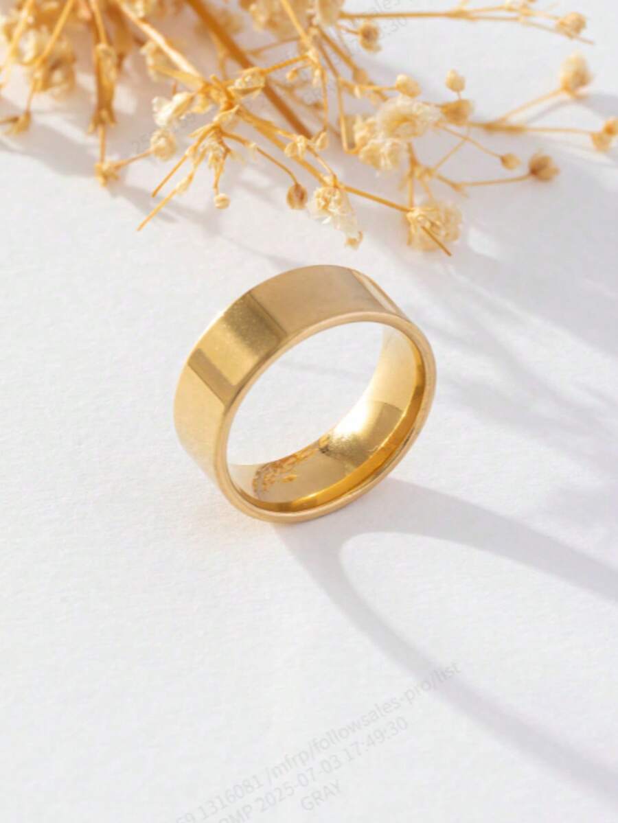 1pc 18K Gold Plated Stainless Steel 8mm Plain Ring, Fashion Unisex Versatile Design - Gold - View 1