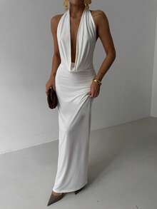 黑色时尚纯色大摇领设计性感修身优雅派对露背长裙 - 白色 - 查看 1