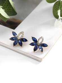 1 Pair Bohemian Niche Design Luxury Rhinestone Embellished Metal Hoop Earrings, Versatile & - Navy Blue - View 1