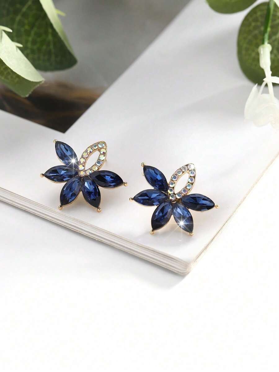 1 Pair Bohemian Niche Design Luxury Rhinestone Embellished Metal Hoop Earrings, Versatile & - Navy Blue - View 1