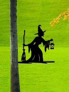 1pc Enchanting Witch & Cat Garden Decor - Iron Yard Art With Flying Broomstick, Perfect For Halloween & Outdoor Spaces, Tree Stump Insert, Outdoor Garden Decor|Spooky Theme Decor|Iron Construction, Witch DecorA Perfect Halloween Gift For Lovers, Parents And Friends. - Multicolor - View 6