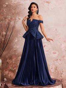 Váy dạ hội cổ điển hở vai BluePlum dành cho nữ, váy dạ hội không tay, sang trọng, xếp ly, gợi cảm, cầu kỳ, đính cườm lấp lánh, sang trọng, màu xanh navy. - Màu xanh hải quân - Xem 4