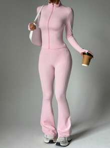 FWH Street-Ready 2 Pieces Set,Tummy-Control Waist + Thumbhole Sleeves, Gym-To-Street,Corset-Inspired Zip Front,4-Way Stretch Flares,Anti-Slip Waistband,Sculpting Jacket Zip Detail + Booty-Lifting Pants,Confidence-Boosting Set,Women's Zip-Front Jacket & Flared Pants,Set 2 Pieces Set Women