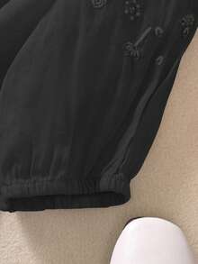 女式春夏粘胶刺绣轻薄宽松复古休闲中袖大码衬衫 - 黑色 - 查看 7