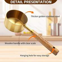 8pc Stainless Steel Measuring Cup And Spoon With Rosewood Handle, Durable Kitchen Baking Tools Including Spice Spoon And Coffee Spoon, Nested Design For Easy Storage, Suitable For Baking Cooking And Cocktail Making - Gold 8-piece Set - View 5