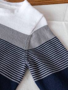 1pc Boys' Collegiate Striped Lightweight Knit Pullover Sweater, Suitable For School In Spring And Autumn - Navy Blue - View 7