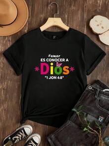 Women's T-Shirt Casual Loose Black Spanish Text And Colorful Butterfly Print Inspirational Quotes Daily Wear Shirts Summer Tops Graphic Tees Summer Outfits For Women Graphic Tees Women Crop Tops Tops For Women - Black - View 2