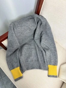 Wixra 秋冬女款拼色刺绣狗狗图案宽松针织开衫 - 灰色 - 查看 5