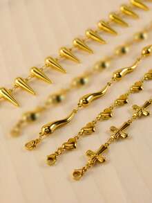 MECYLIFE 1 件朋克嘻哈风格辣椒与十字架铆钉不锈钢 18K 金链式手链女士款 - 金黃色 - 查看 7