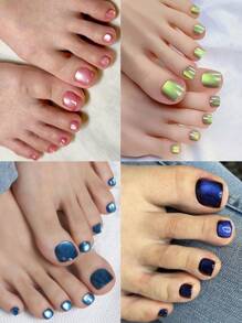 96 piezas de uñas postizas para los dedos de los pies con efecto de ojo de gato en color verde, azul y rosa. Uñas falsas cuadradas para los dedos de los pies y suministros de uñas.