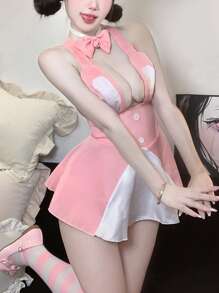 1 Conjunto de vestido de conejita dulce y lindo para niña, con pecho pequeño, traje de uniforme de conejita sexy y lindo, disfraz de cosplay de conejo de anime (se regala un collar + tanga), disfraz de Halloween