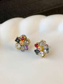一对S925纯银彩色宝石耳钉，时尚首饰，沙滩配饰，适合女性日常佩戴，可作为朋友礼物、节日礼物或姐妹礼物。 - 金色 - 查看 4