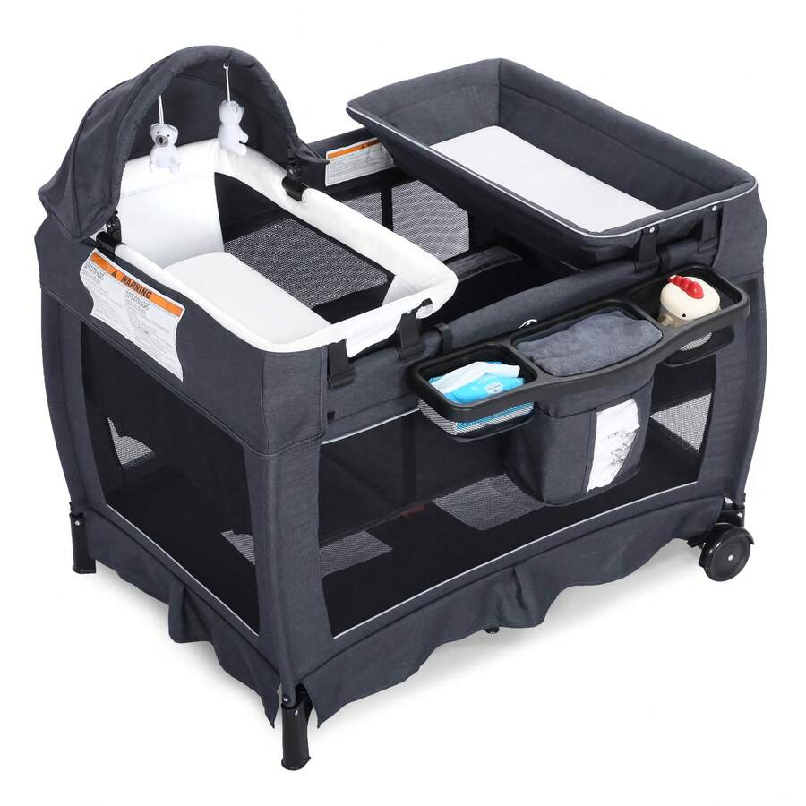 Kinder King 4 In 1 Foldable Pack And Play With Bassinet & Changing Table, Portable Playard For Babies And Toddlers, Convertible Newborn Crib Baby Bed With Canopy, Storage Bag, Dark Gray - 深灰色 - 查看 1