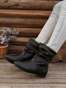 Women Casual Flat Ankle Boots, Retro Solid Color Slip-On Short Boots, Comfortable Outdoor Boots