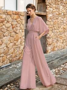 Palazzo Largo Ajustado de Escote V con Mangas Largas y Pierna Ancha para Mujer - Rosa Pálido - Ver 1