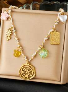 1 Creative, Personalized, Multi Colored Braided Rope Chain Necklace With Gold-Plated Circle, Geometric Shape, Sun Flower, Conch Pendant, Stainless Steel Collarbone Chain