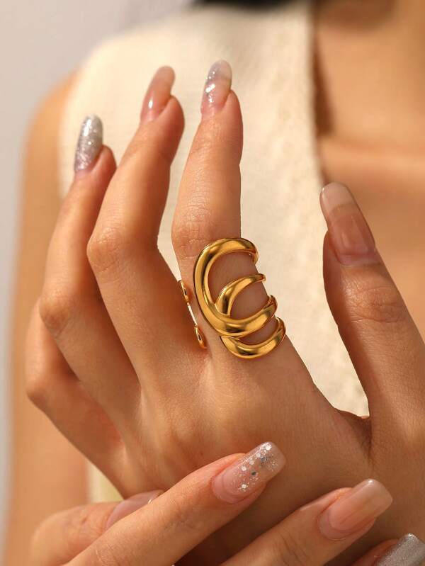 1pc Fashionable 18K Gold-Plated Stainless Steel Geometric Line Open Ring, Everyday Wear