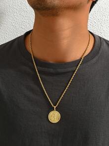 1 件复古金属风格不锈钢镀金扭链项链，带圆形瓜达卢佩圣母玛利亚吊坠，欧洲宗教元素金色瓜达卢佩圣母吊坠项链 - 金色 - 查看 4