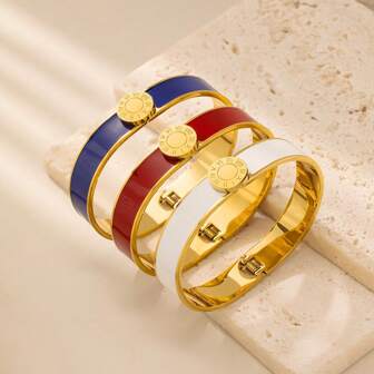 European Retro Roman Numeral Enamel Bracelet, Titanium Steel Plated With 18k Gold Jewelry, Red, Blue And White Classic Color Women's Fashionable Bracelet, Suitable For Daily And Festival Gifts
