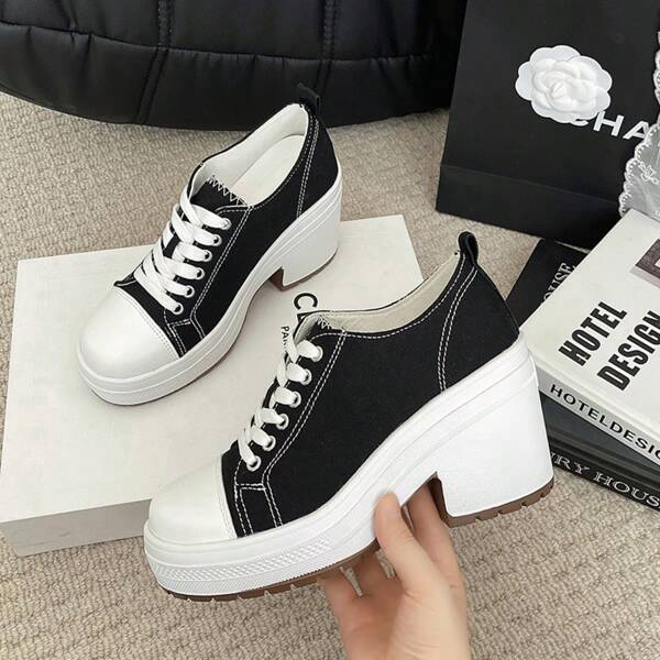 [Comfortable Sports Shoes] Women High-Top Casual Sports Shoes, Black & White. Comfortable Outsole, Lining Material, Lace-Up Design For Casual Outfit, Daily Fashion & Durable