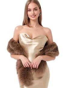 Faux Fur Scarf Wrap For Women, Long Plush Winter Shawl Collar, Warm Convertible Scarf  Neck Warmer, Elegant Evening Cape Bolero - 棕色 - 查看 1