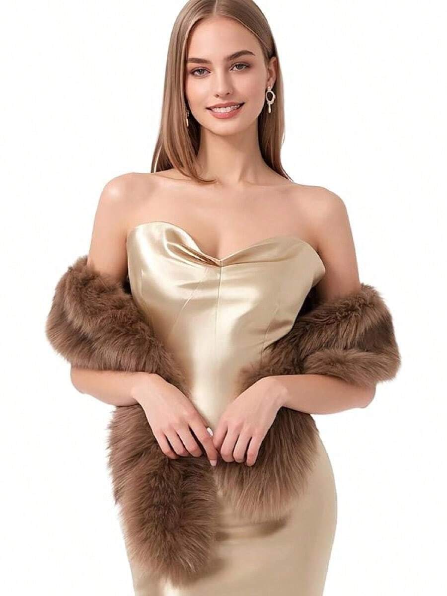 Faux Fur Scarf Wrap For Women, Long Plush Winter Shawl Collar, Warm Convertible Scarf  Neck Warmer, Elegant Evening Cape Bolero - 棕色 - 查看 1