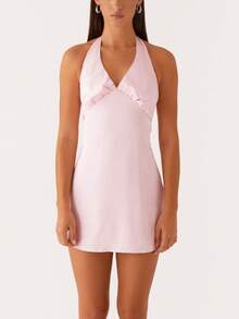 Women's Halter Neck Mini Tank Dress Sleeveless Deep V Neck Tie Back Solid Color/Floral Bodycon Short Dress Summer Backless Going Out Dresses College Graduation Party Club Y2k Dress - 粉色 - 查看 5