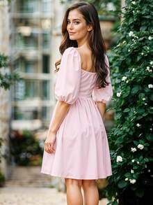 Vestido Corto de Escote Cuadrado con Manga Abullonada Casual para Mujer - Rosa Pálido - Ver 2