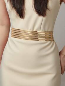 1 件女士简约优雅纯色金色金属双扣松紧腰带，百搭连衣裙、衬衫、夹克秋季、万圣节