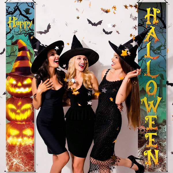 1 Set Of Halloween Door Frame Decoration, Pumpkin Wearing Witch Hat Banner, Outdoor Halloween Decoration Set. 11.81 * 70.86 Inches, Made Of Polyester Fiber, Perforated At The Bottom Two Corners, With Black Stripes On The Flat Panel Process, No Need For Power Supply, Devil Decoration Banner Hung On The Door Frame, Halloween Skull Costume Design Suitable For Halloween Parties