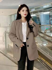 Blazers de Mujer, Mujeres casual suelta otoño Inglaterra delgada chaqueta de negocios ,Blazer informal de poliéster con cuello de solapa, botones al frente, manga larga y bolsillos para mujer, corte regular para uso diario - Caqui - Ver 5