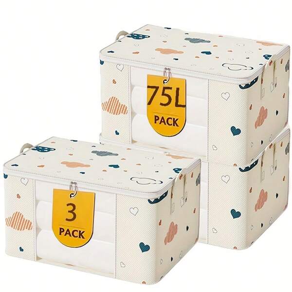 1 Piece Cute Cartoon Wardrobe Organizer Bag With Double Zipper Closure Design, Capacity Of About 75L, Small Window Transparent And Visible, Stackable, Bedding, Seasonal Clothing Storage, Foldable Storage, Home Storage Supplies