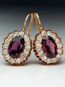 一对优雅金色镶嵌红色锆石水滴耳环，适合女性佩戴，可用于新娘订婚、婚礼等场合，是精美的耳坠饰品。 - 彩色 - 查看 1