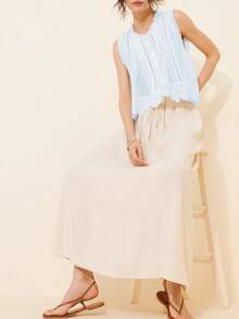 Women's summer hollow lace hem top, solid color, lightweight and versatile, suitable for all occasions - Azul - Ver 3