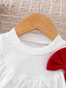 Bộ 2 món/Bộ trang phục thường ngày cho bé gái - Áo dài tay màu trắng & Bộ váy xòe đính ngọc trai đỏ, Thích hợp cho tiệc tùng, kỳ nghỉ, trang phục thường ngày, mùa xuân thu - Đỏ - Xem 4