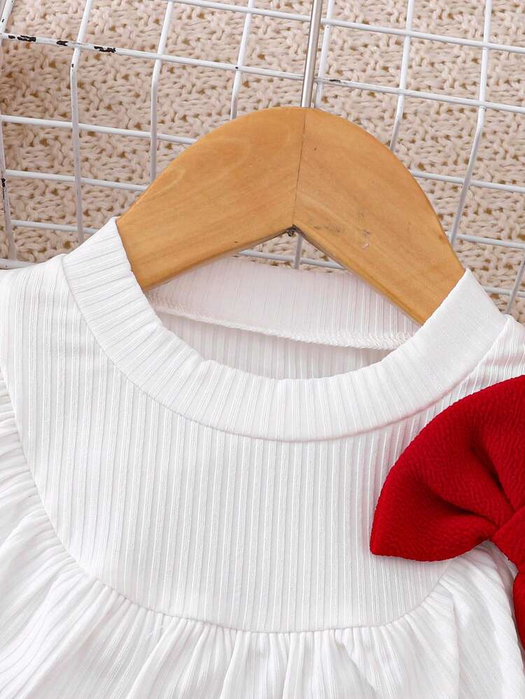 Bộ 2 món/Bộ trang phục thường ngày cho bé gái - Áo dài tay màu trắng & Bộ váy xòe đính ngọc trai đỏ, Thích hợp cho tiệc tùng, kỳ nghỉ, trang phục thường ngày, mùa xuân thu - Đỏ - Xem 4