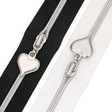 1 conjunto, zíper de 450 cm/177,16 polegadas com 10 puxadores de zíper em formato de coração, zíper de nylon nº 3, dentes prateados, opções de cores preto e branco, adequado para roupas, bolsas, têxteis para o lar, artesanato e muito mais