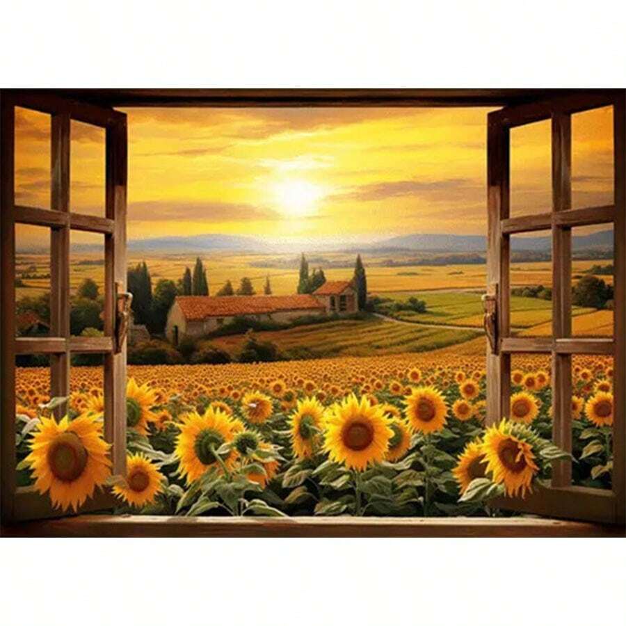 Brand New 5D DIY Diamond Painting Kit - Countryside Sunset Sunflower Scenery, Round Acrylic Colored Cross Stitch Mosaic Craft, Perfect Home Decor Gift, Suitable For Adults And Beginners, Beautiful Holiday Gift