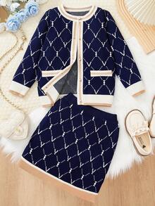 Girls Sweater Set, Elegant British Style Jacquard Knit Crew Neck Long Sleeve Cardigan Jacket & Skirt 2pcs Outfit, Spring Autumn Winter