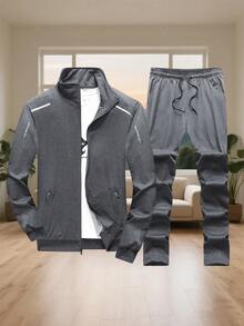 男士立领拉链运动套装，适合春秋季