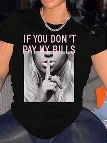 Si no pagas mi factura Camiseta para mujeres informal manga corta 1pc 100% pesado - Cuello cómodo, suave y adorable Tees Tops - Negro - Ver 6