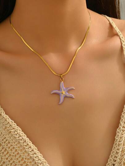 1pc Women's 18k Gold Plated Purple Starfish Pendant Stainless Steel Necklace, Enamel Coating Design With Gold Plated Snake Chain, Suitable For Beach & Summer Style