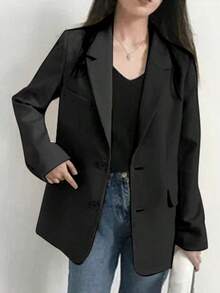 Blazers de Mujer, Mujeres casual suelta otoño Inglaterra delgada chaqueta de negocios ,Blazer informal de poliéster con cuello de solapa, botones al frente, manga larga y bolsillos para mujer, corte regular para uso diario - Negro - Ver 2