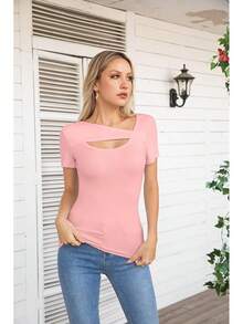 Womens Fashion Fall Cutout Long Sleeve Ribbed Slim Fitted Tops Shirts Tee Tshirts - 短光粉紅 - 查看 3