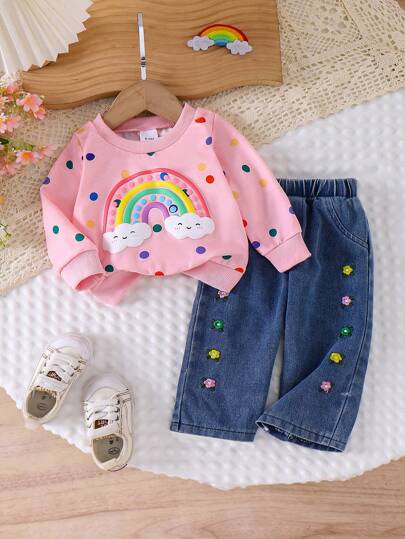 Baby Mädchen 2-teiliges Set aus Regenbogen-Wolken-Polka-PunMuster süßem rosa Langarm-Sweatshirt und Blumenstickerei Elastikbund Jeans Set, Lässig für Frühling & Herbst